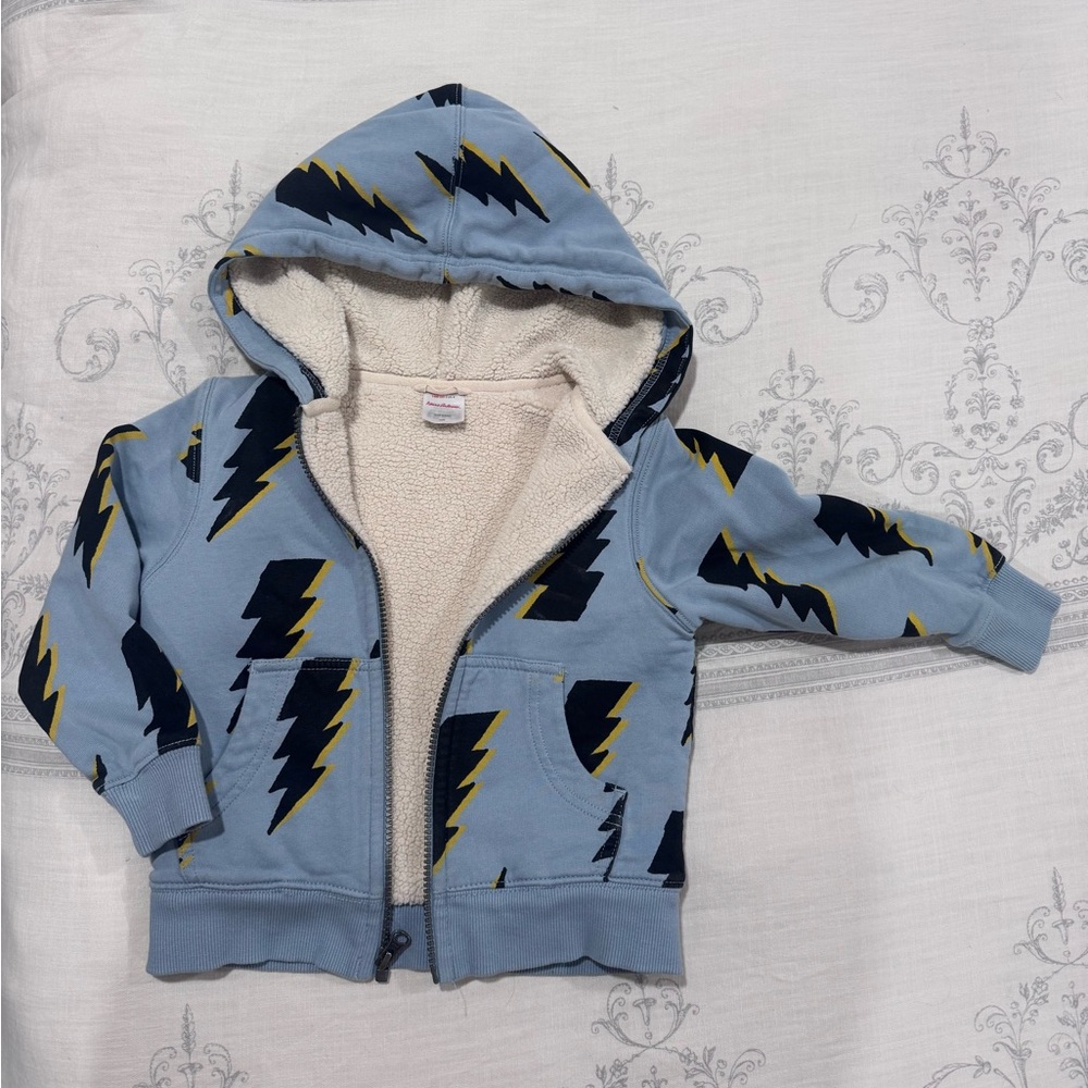 Hanna Andersson Light Blue Hoodie with Navy & Yellow Lightning Bolts